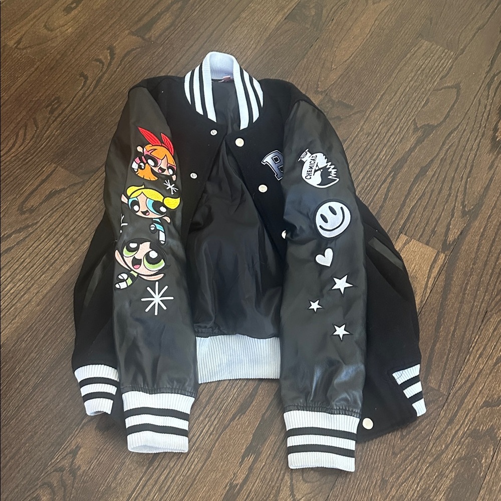 Dolls Kill Black Varsity Jacket with White Stripes power puff girls Halloween